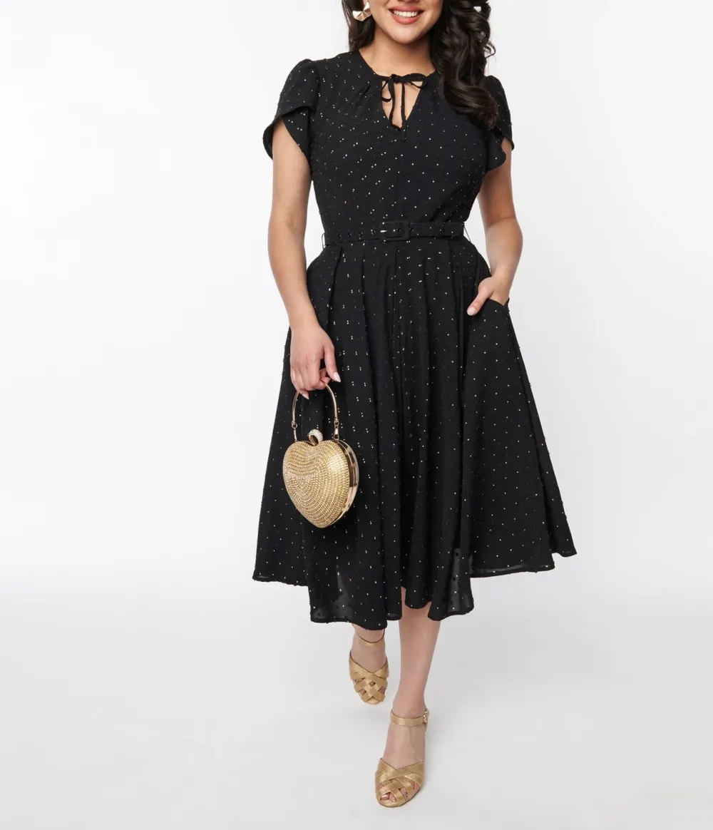 Unique Vintage Black & Gold Clip Dot Dahlia Swing Dress