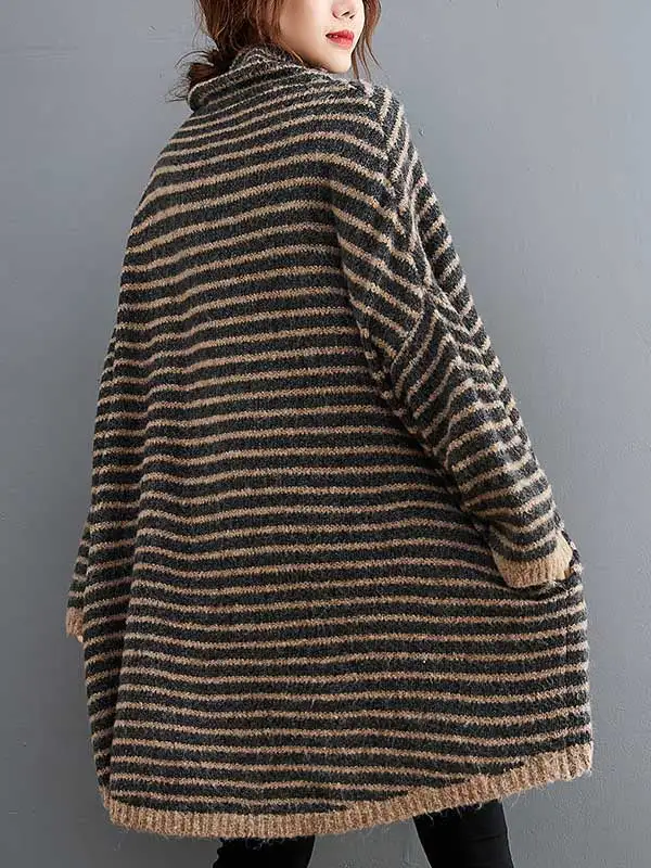 Loose Striped High-Low Heaps Collar Long Sleeves Knitwear