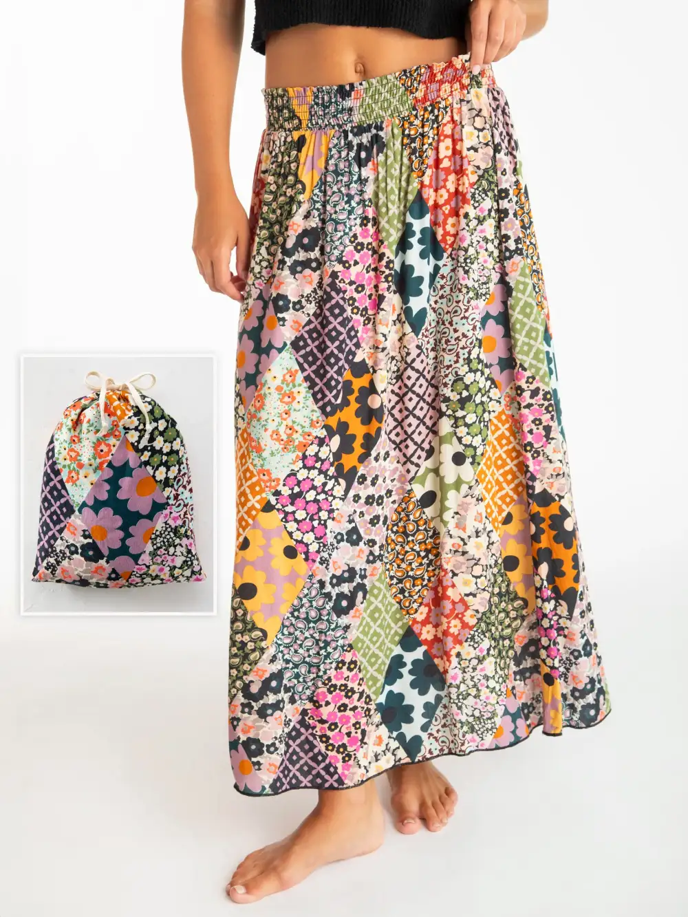 Maylin Midi Skirt - Floral Diamonds Patchwork