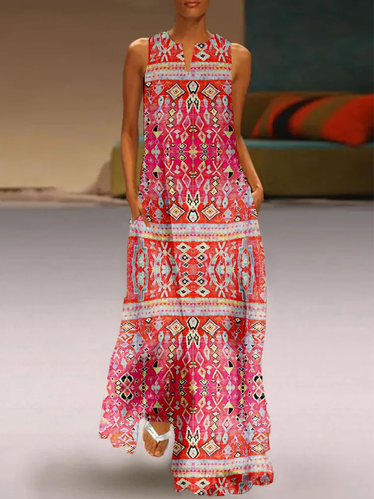 Tropical Sunrise Ethnic Pattern Flowy Maxi Dress