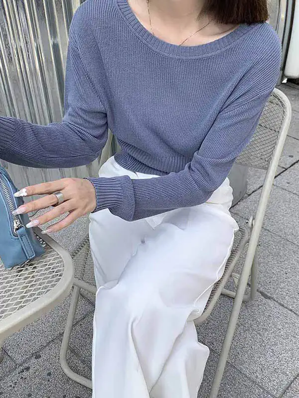 Simple Solid Color Round-Neck Long Sleeves Knitwear