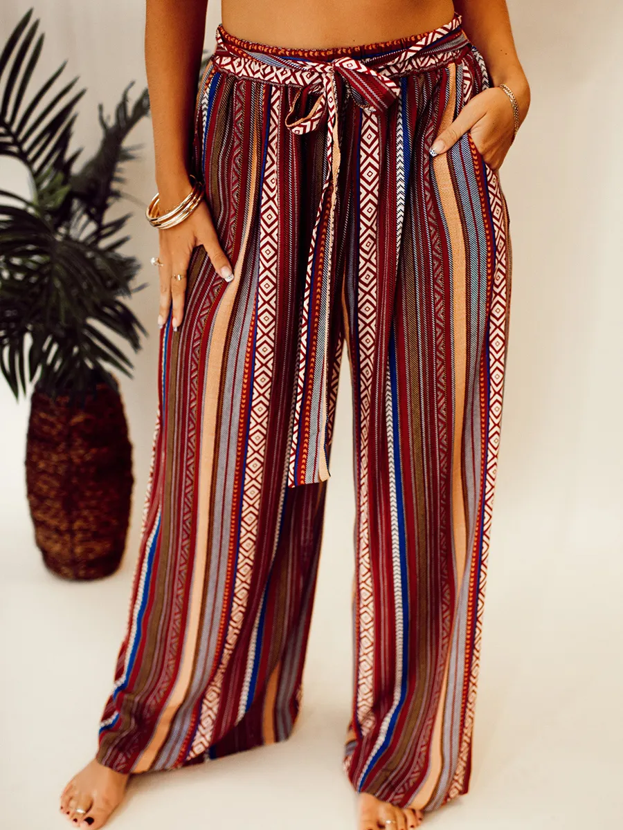 Ethnic pattern stripe pattern with waistband wide leg pants