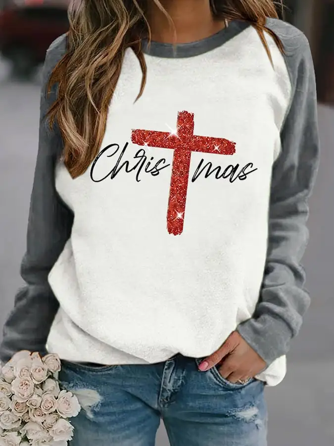 Retro Christmas Faith Cross Print Sweatshirt