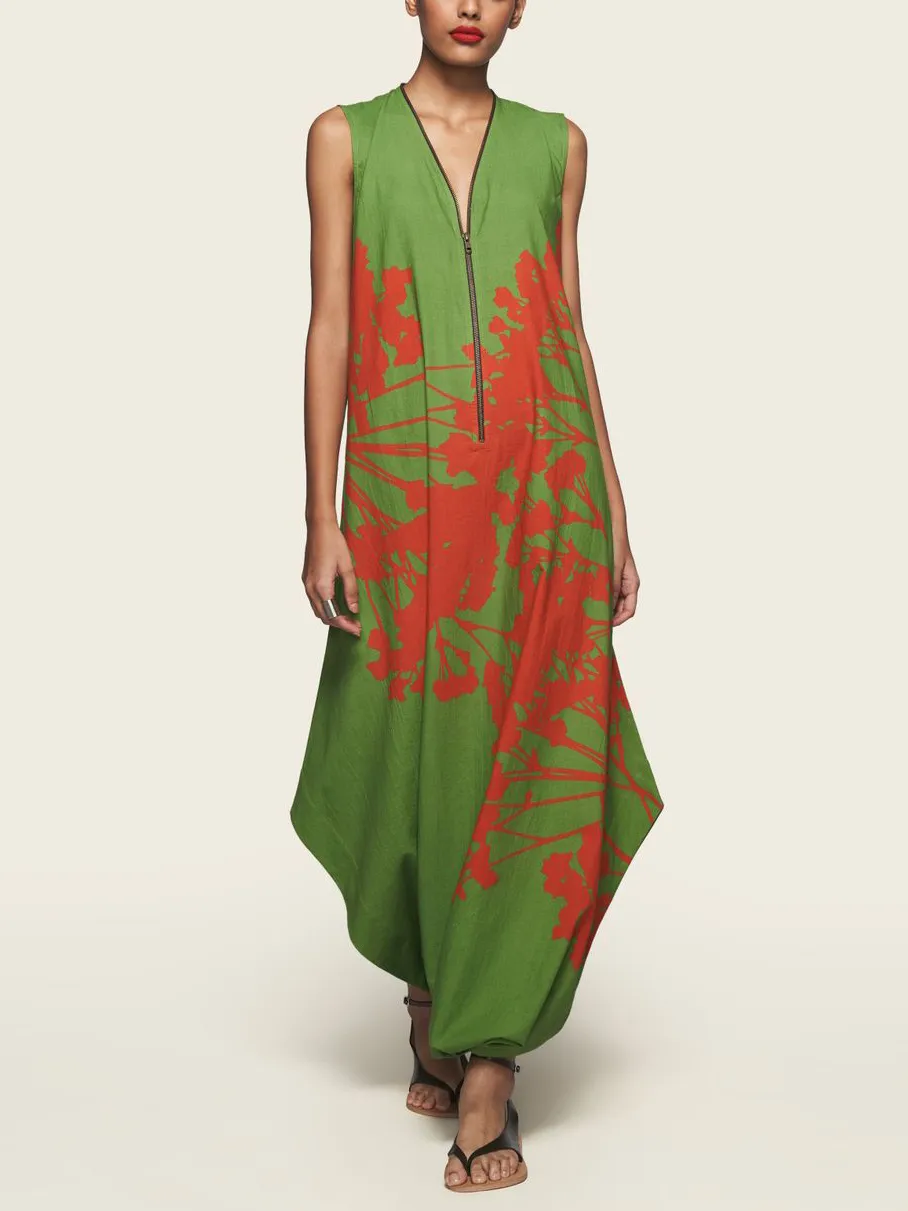 green plant print dress