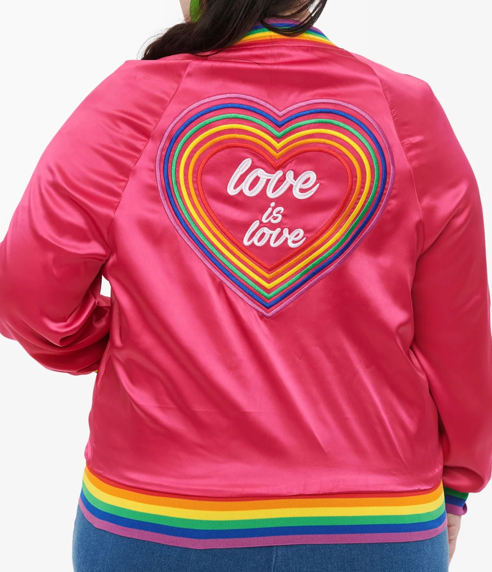 Unique Vintage Plus Size Hot Pink And Rainbow Pride Satin Bomber Jacket