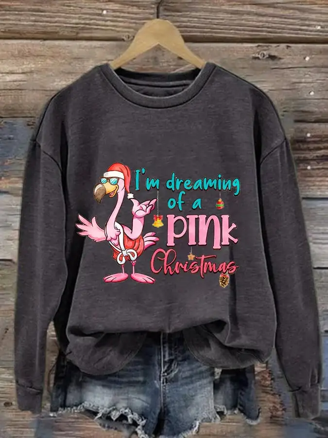 Women's I‘m Dreaming of a Pink Christmas Flamingo Print Casual Sweatshirt