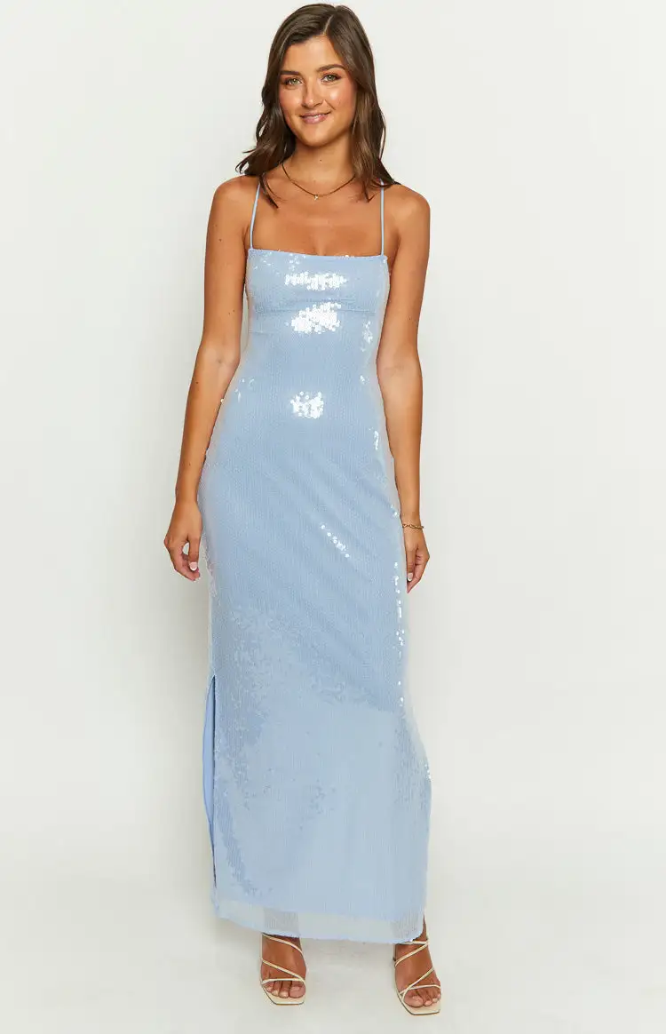 Manhattan Blue Sequin Slip Maxi Formal Dress