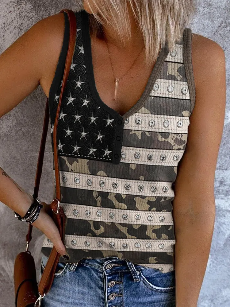 American Flag Studded Leather Patchwork Tank Top