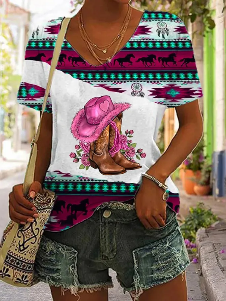 Western Retro Casual Print T-shirt