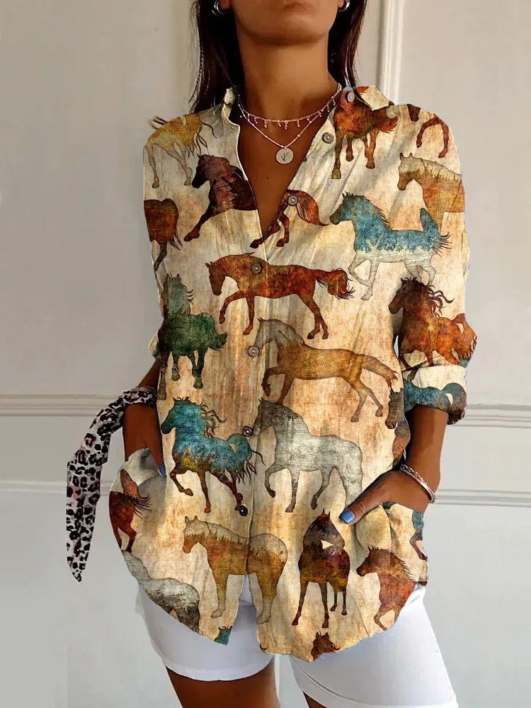 Western Horse Print Long Sleeve Shirt