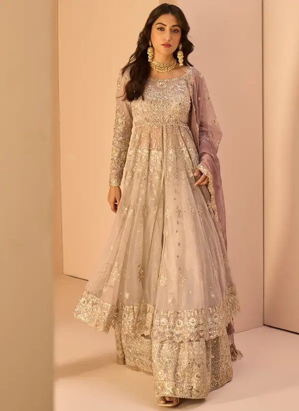 Grey Embroidered Anarkali Style Sharara