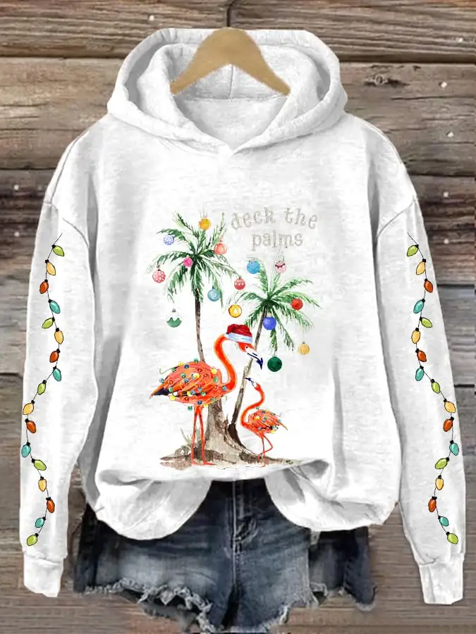 Women's Christmas Deck The Palms Print Hooded Sweatshirt