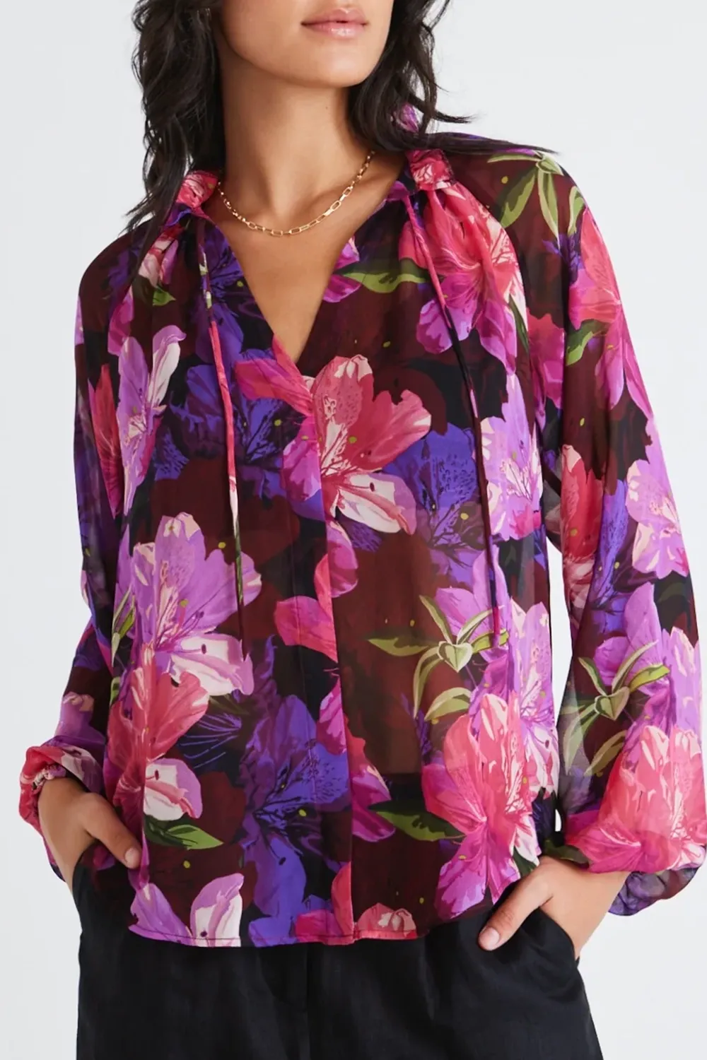 Deft Purple Orchids Georgette LS Blouse