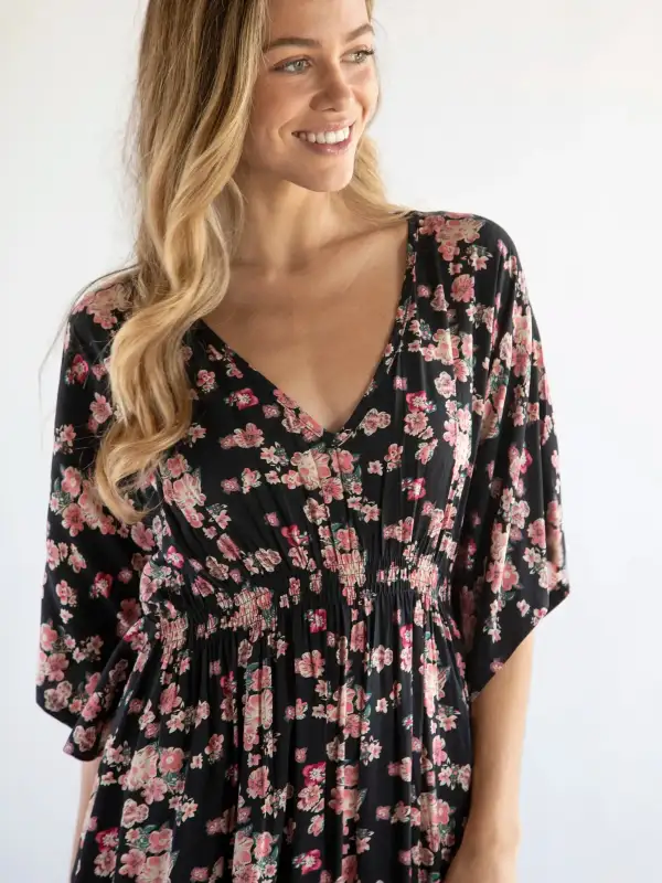 Sanibel Kaftan Maxi Dress - Black Light Pink Floral