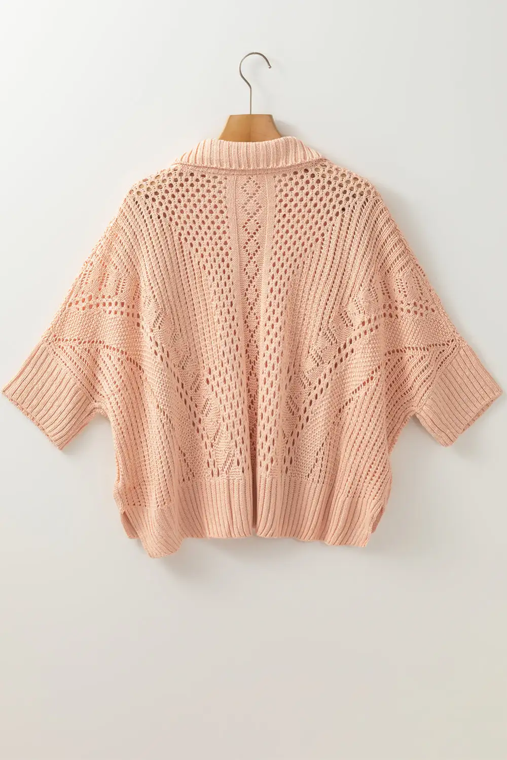 Apricot Pink Hollowed Knit 3/4 Dolman Sleeve Buttoned Collared Sweater