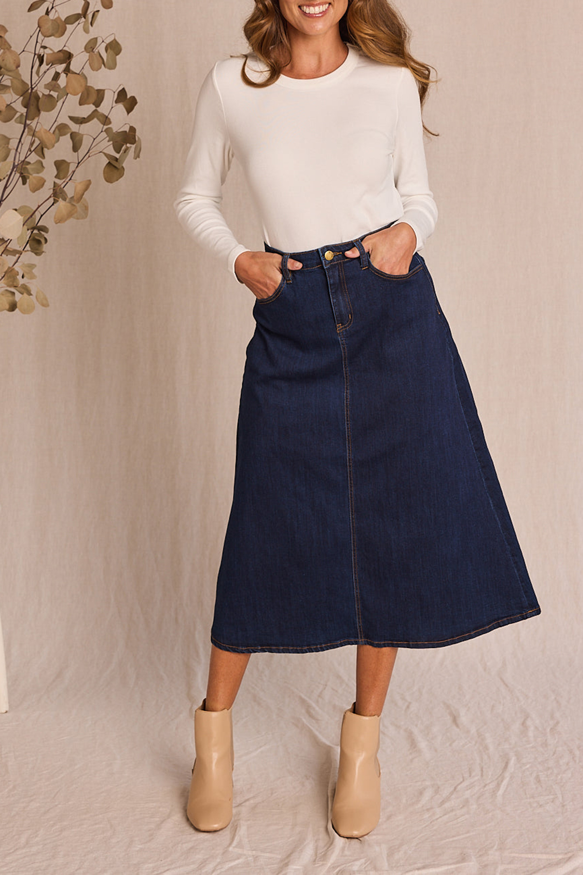 Adrift Denim A-Line Skirt in Dark Wash