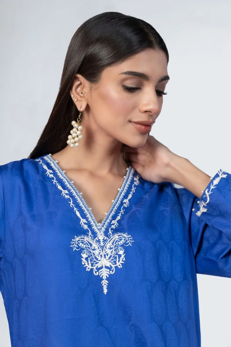 2 Piece Kurta | Embroidered & Pants | Dark Blue