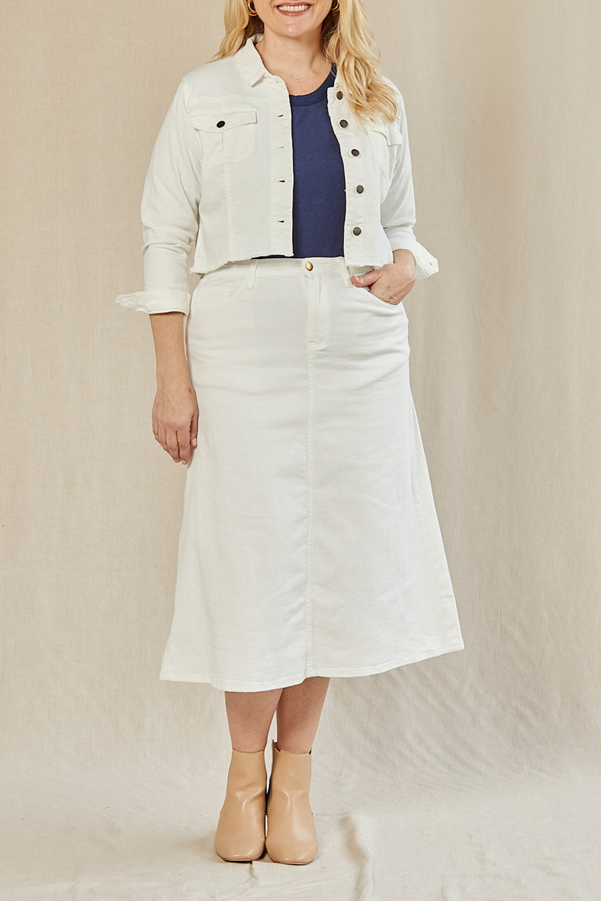 Adrift Denim A-Line Skirt in White