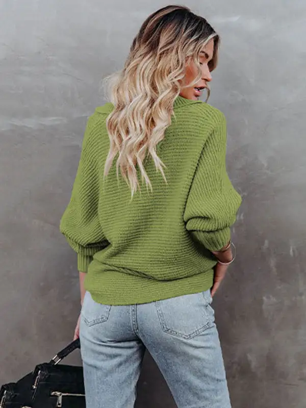 Long Sleeves Solid Color Lapel V-Neck Sweater Tops