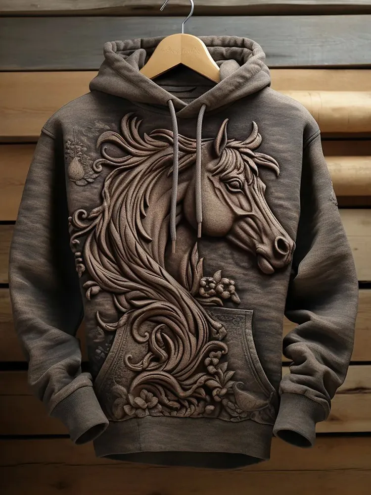 Vintage Western Horse Print Casual Hoodie