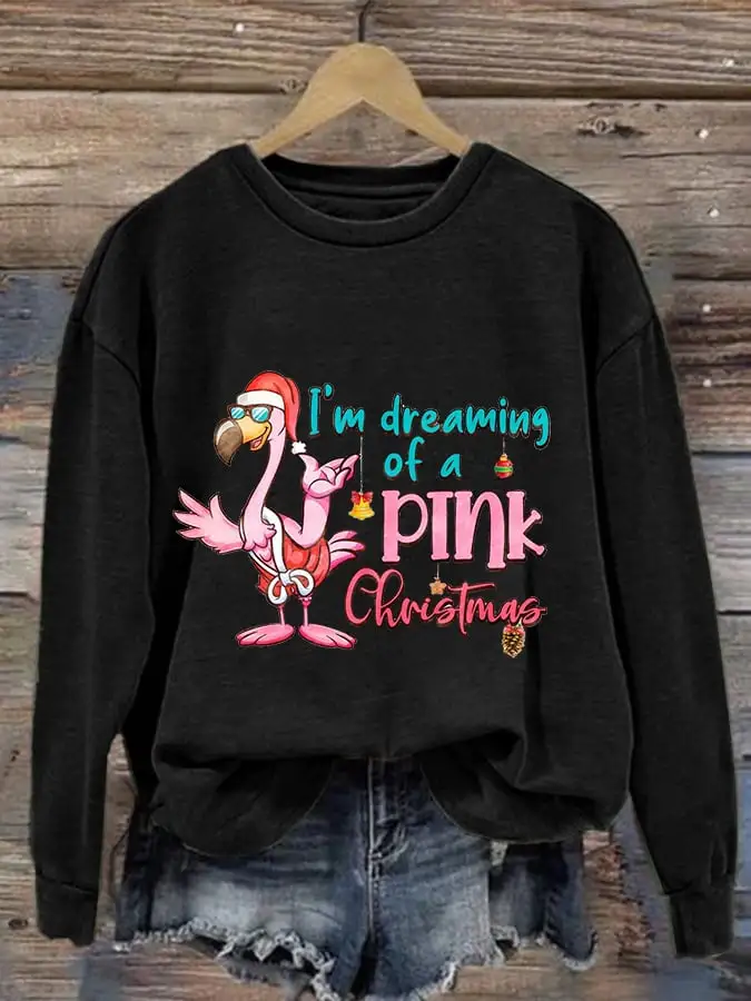 Women's I‘m Dreaming of a Pink Christmas Flamingo Print Casual Sweatshirt