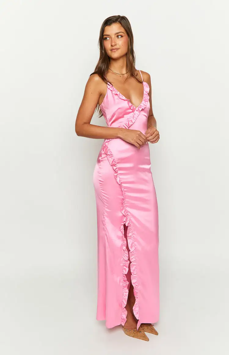 Nahanee Pink Satin Ruffle Maxi Dress