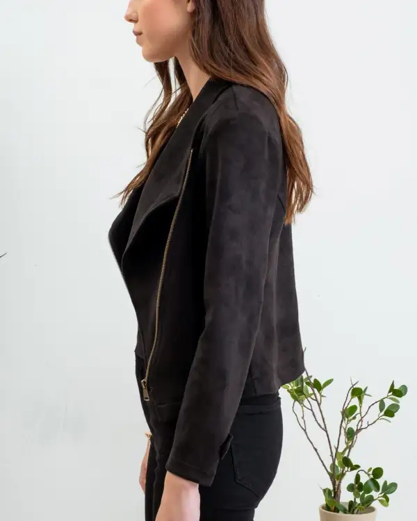 Faux Suede Zip Up Moto Jacket - Black