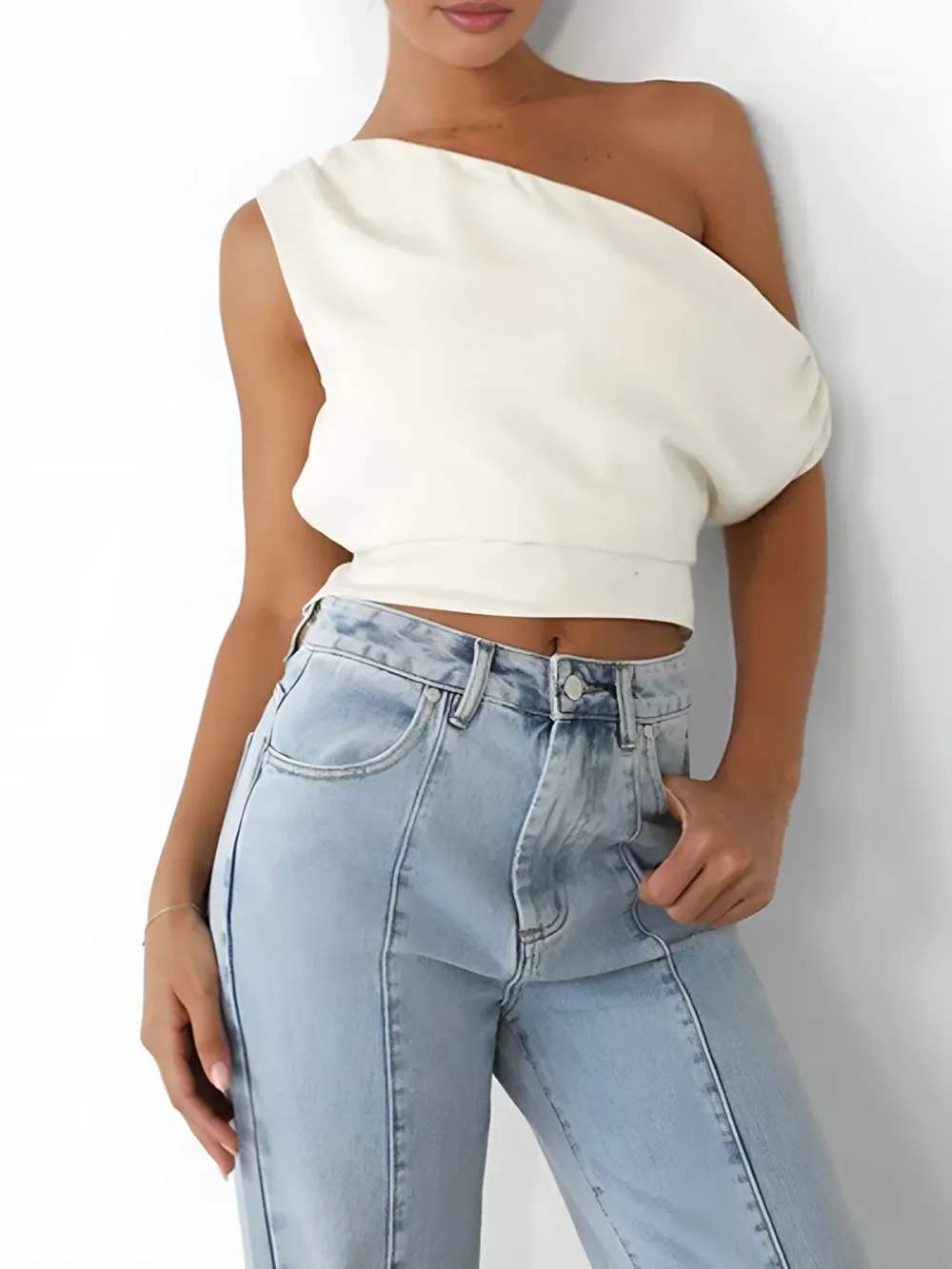 One Shoulder Off Knotted Blouse