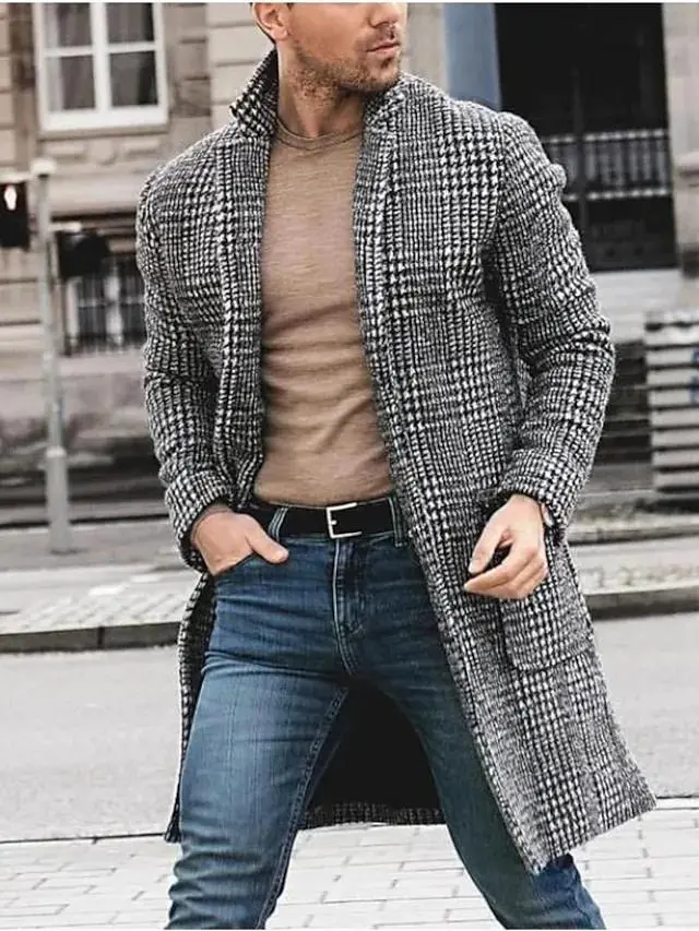 Men's Winter Coat Overcoat Business Casual Fall Winter Polyester Outerwear Clothing Apparel Houndstooth Notch lapel collar Open Front