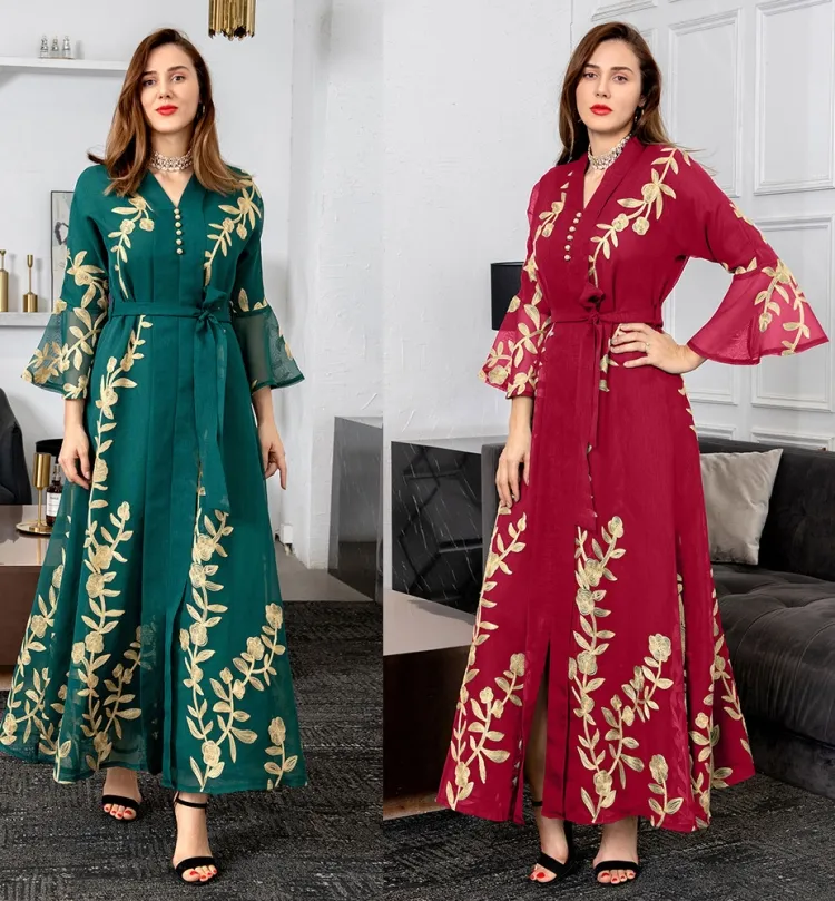 Women Summer Green Arab Dubai Middle East Turkey Morocco Floral Print Sequined Islamic Clothing Kaftan Abaya Muslim Dress