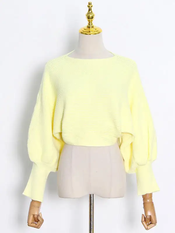 Casual Solid Color Round-Neck Bishop Sleeve Sweater Tops