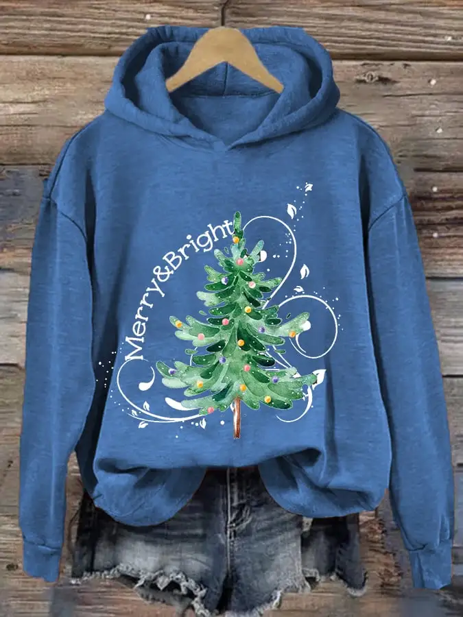 Women's Merry And Bright Christmas Tree Casual Hoodie