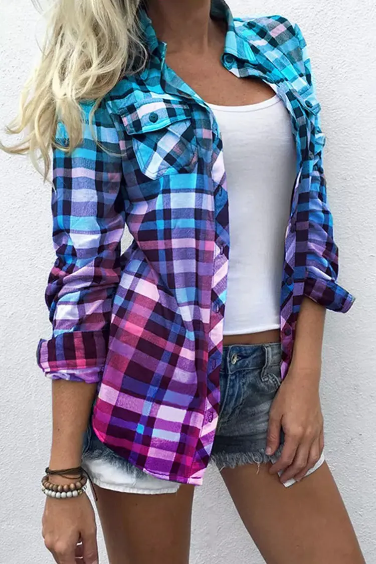 Gradient Check Print Lapel Long Sleeve Shirt