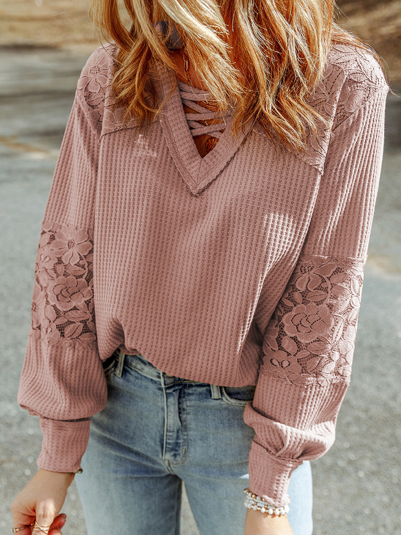 Waffle plaid lace up V-neck long sleeved top