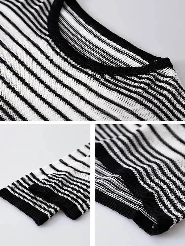 Casual Striped Round-Neck Long Sleeves Knitwear Tops