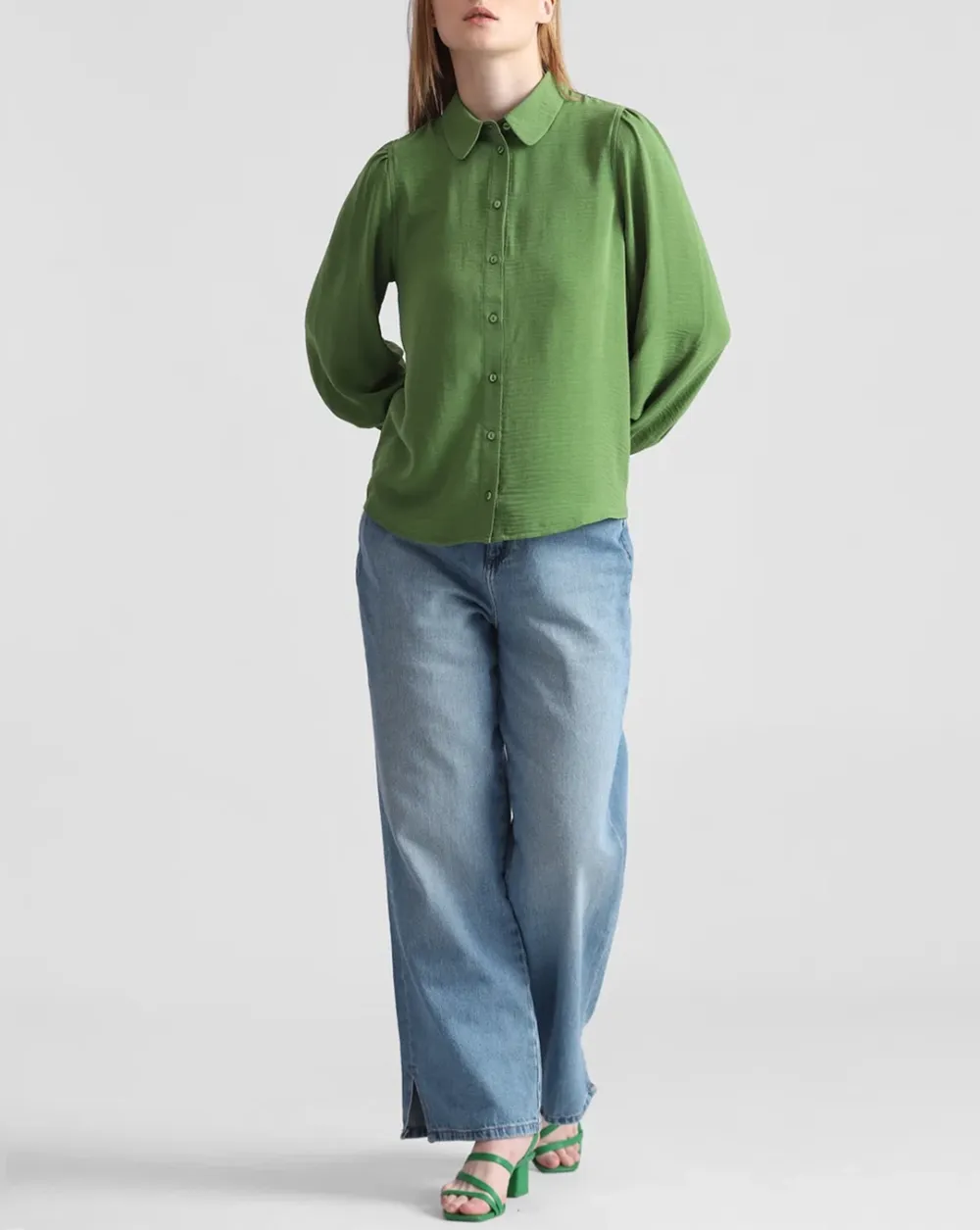 Green Puff Sleeves Textured Shirt