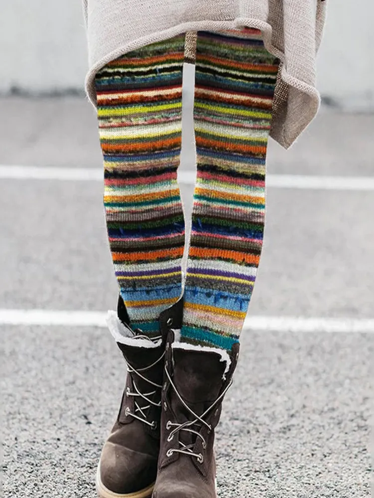 Colorful Ethnic Frayed Fringe Striped Knit Leggings