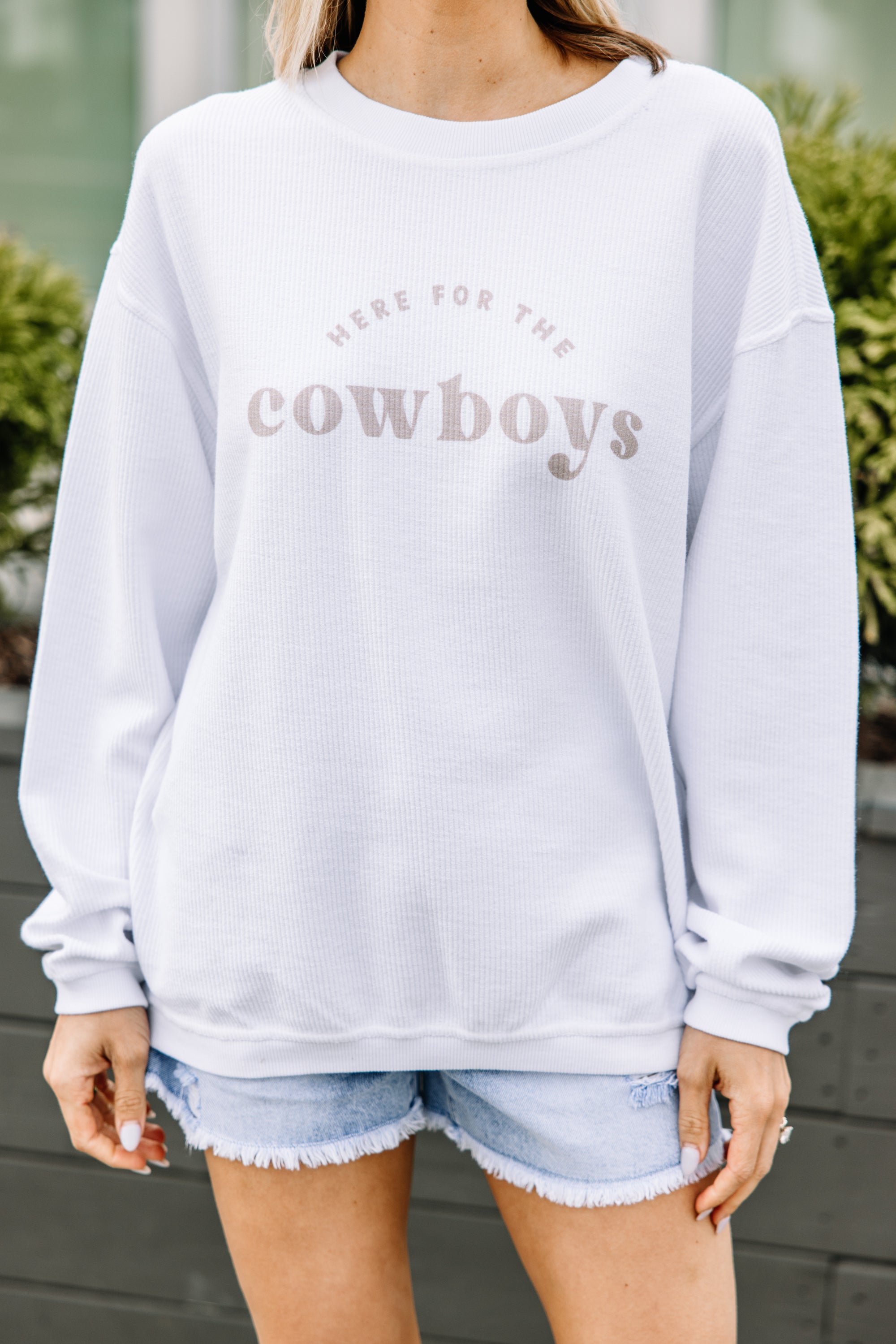 Here For The Cowboys White Corded Graphic Sweatshirt