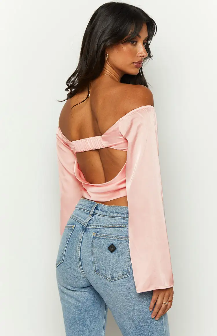 Darcie Pink Satin Long Sleeve Top