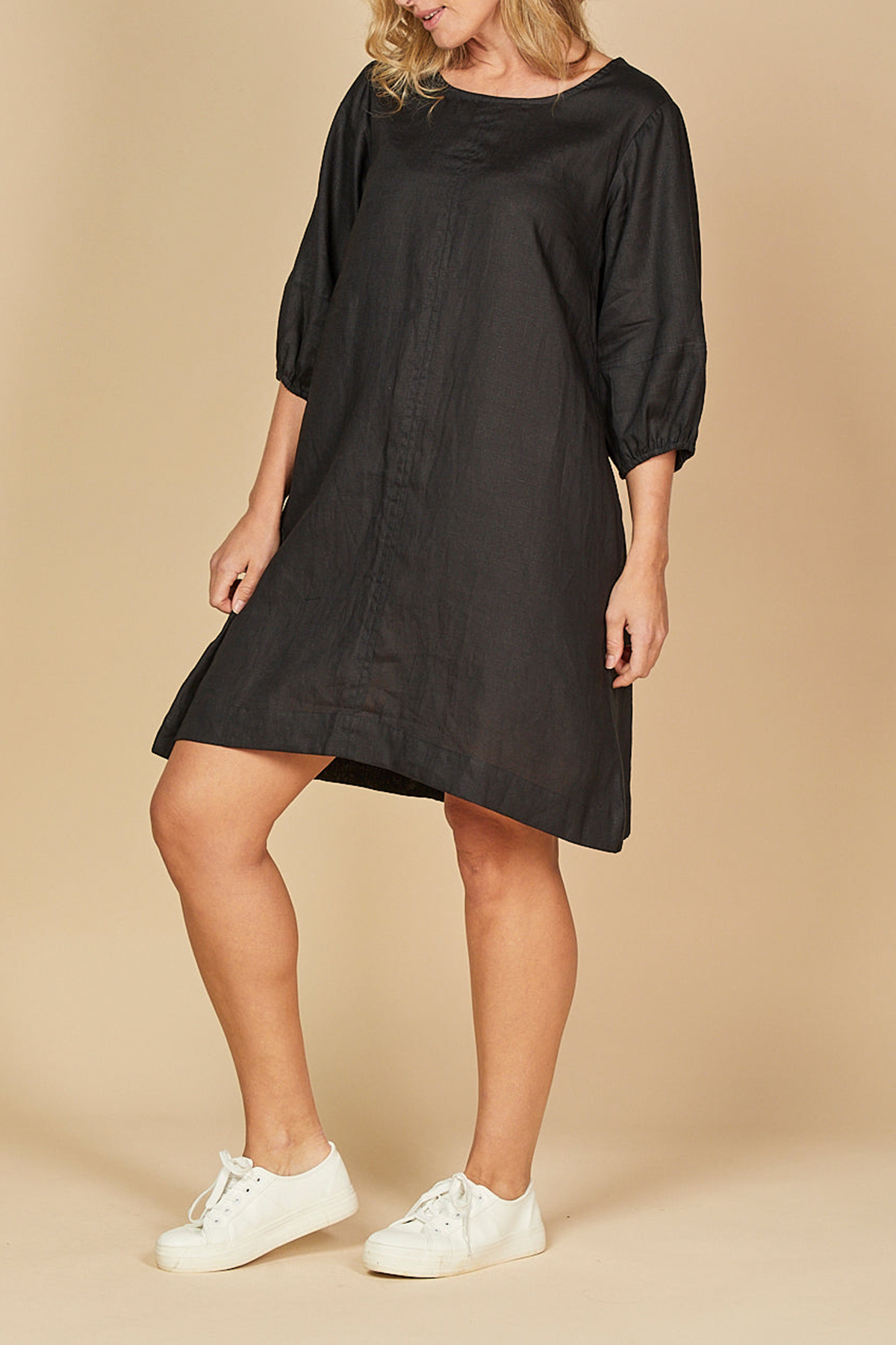 Hazel Short Linen Shift Dress in Black