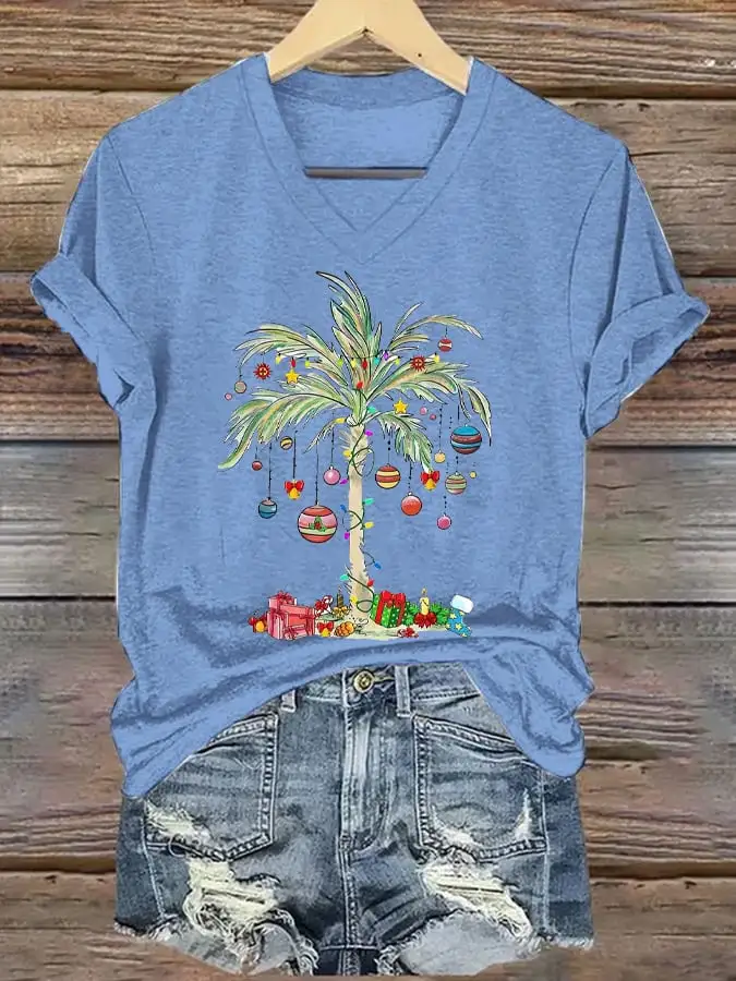 Women's Christmas Palm Tree Print T-Shirt