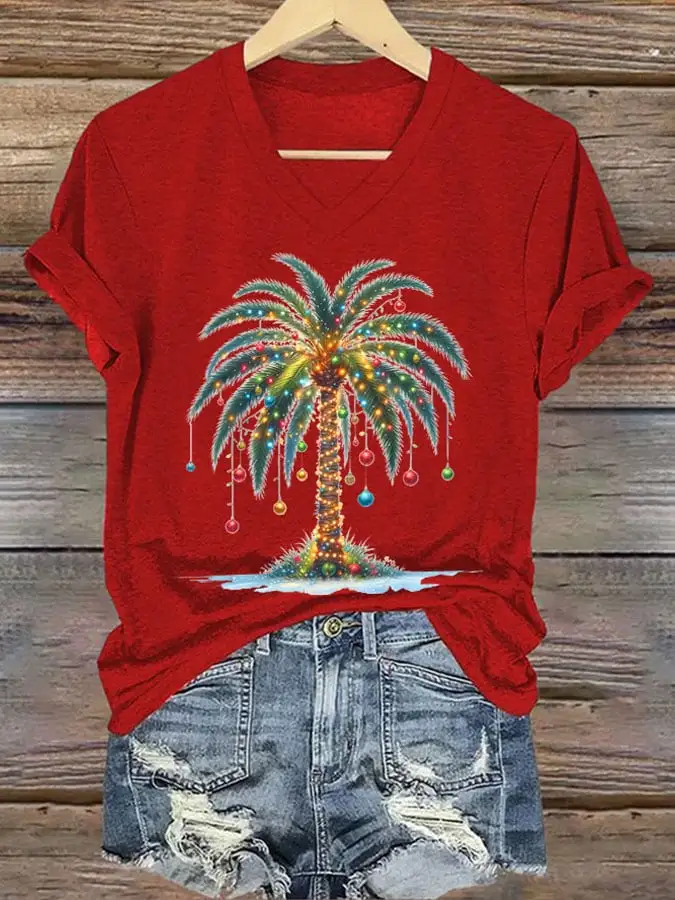 Women's Christmas Palm Tree Print T-Shirt