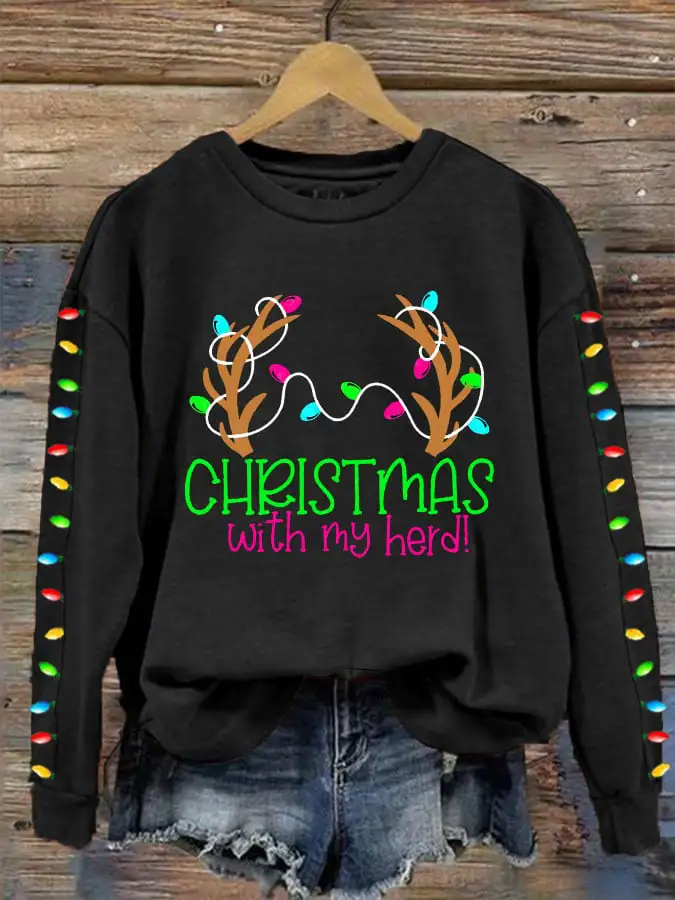 Women's Christmas With My Herd Print Crew Neck Sweatshirt