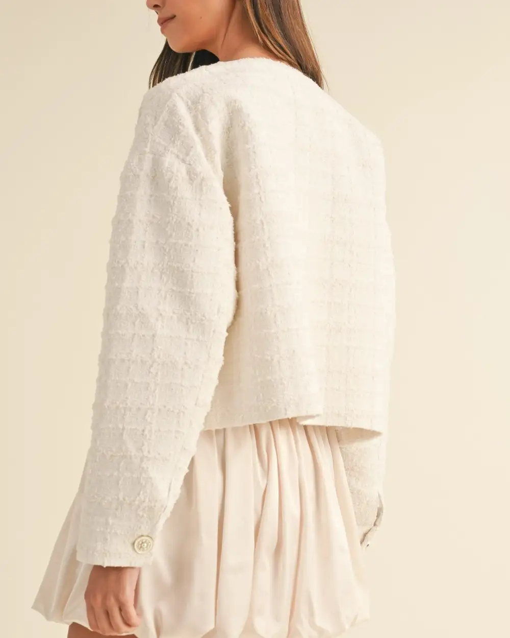 Jewel Button Up Tweed Jacket - Cream