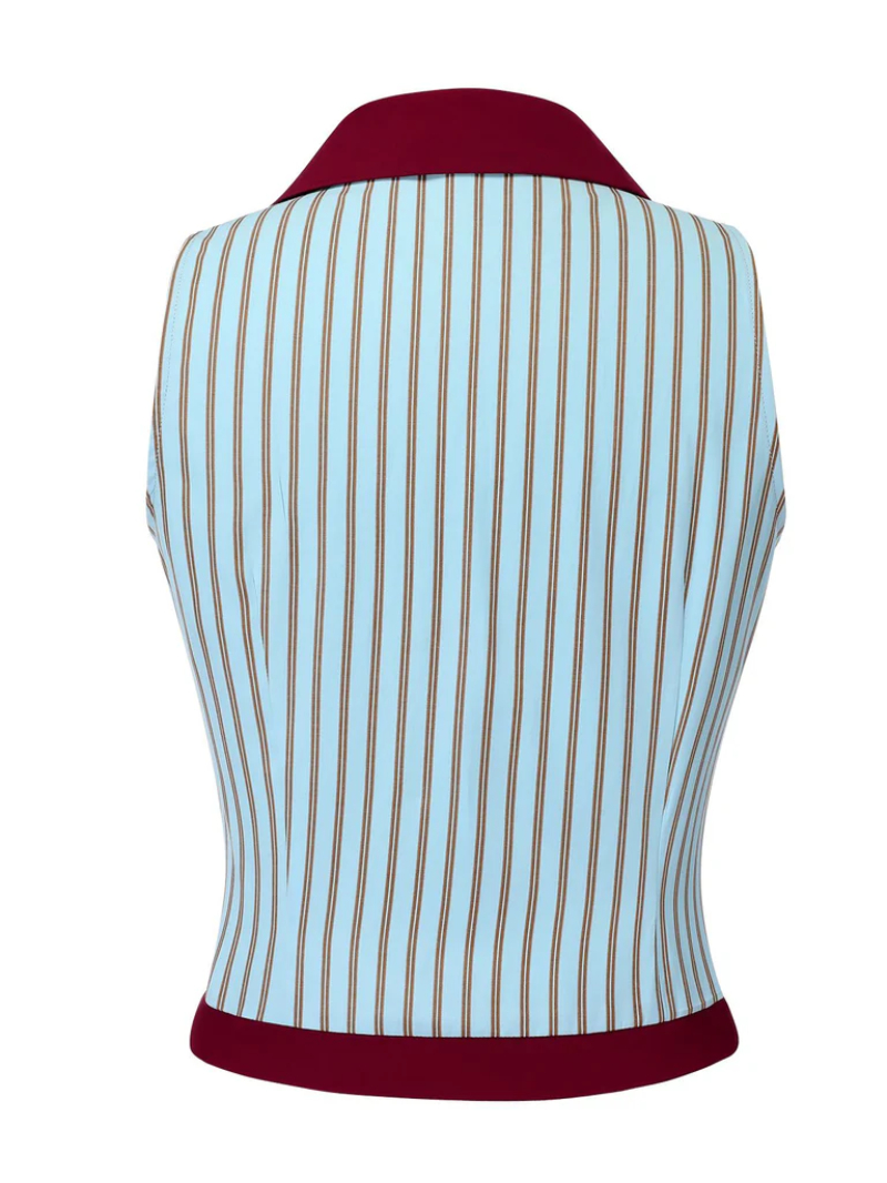 BLUE 1950S STRIPES PATCHWORK SLEEVELESS BLOUSE