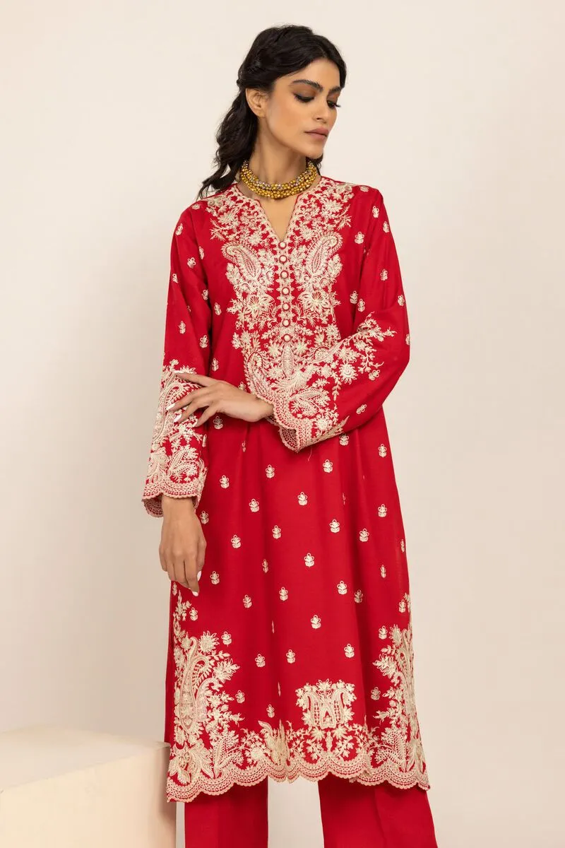 3 Piece Kurta Embroidered | Dupatta& Bottom & Tops | Color Red