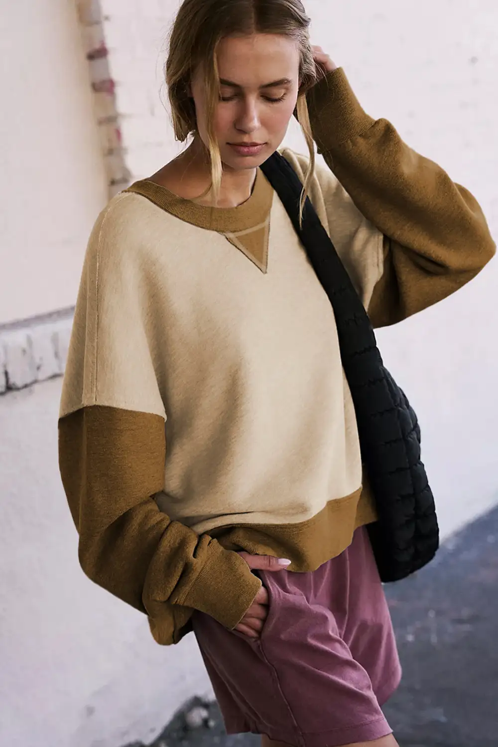 Apricot Color Block Thumbhole Sleeve Drop Shoulder Sweatshirt