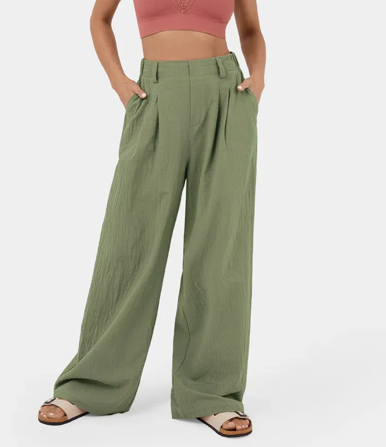 High Waisted Plicated Side Pocket Wide Leg Flowy Solid Palazzo Casual Pants