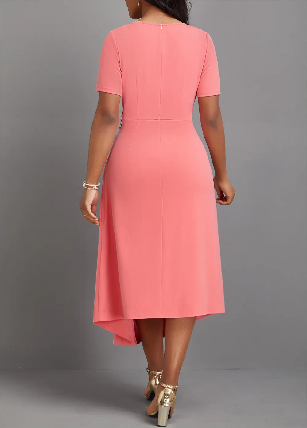 Asymmetry Pink Short Sleeve Round Neck Dress