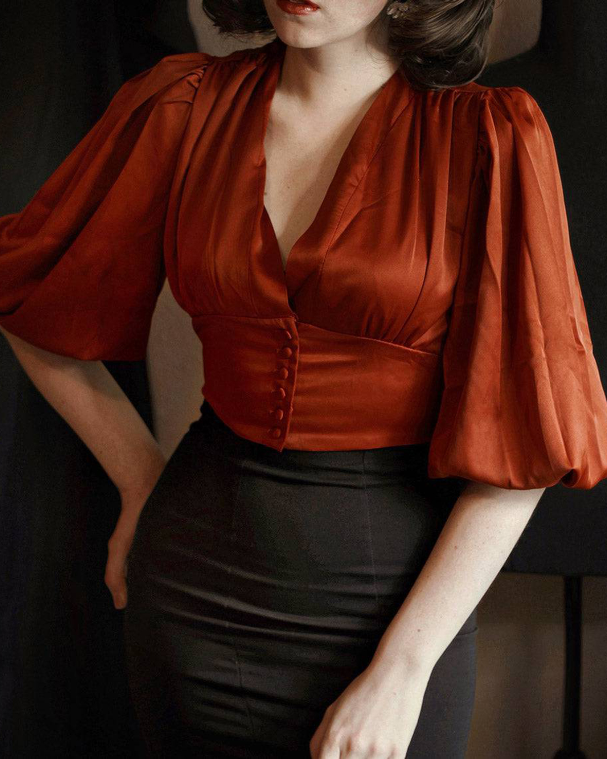 The Balloon Sleeves Satin Crop Blouse